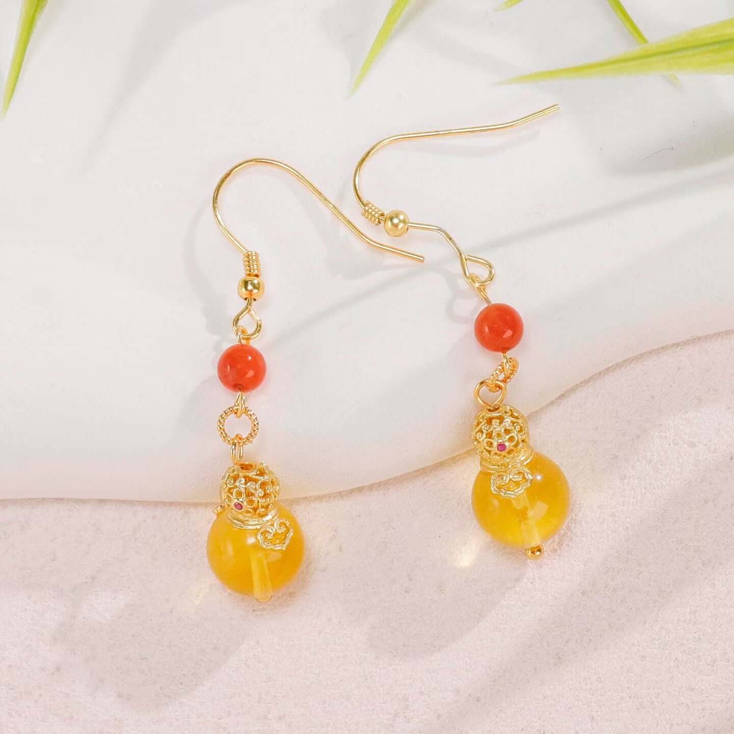 Amber and South Red Agate Gourd Drop Earrings – BodhiBloom 4