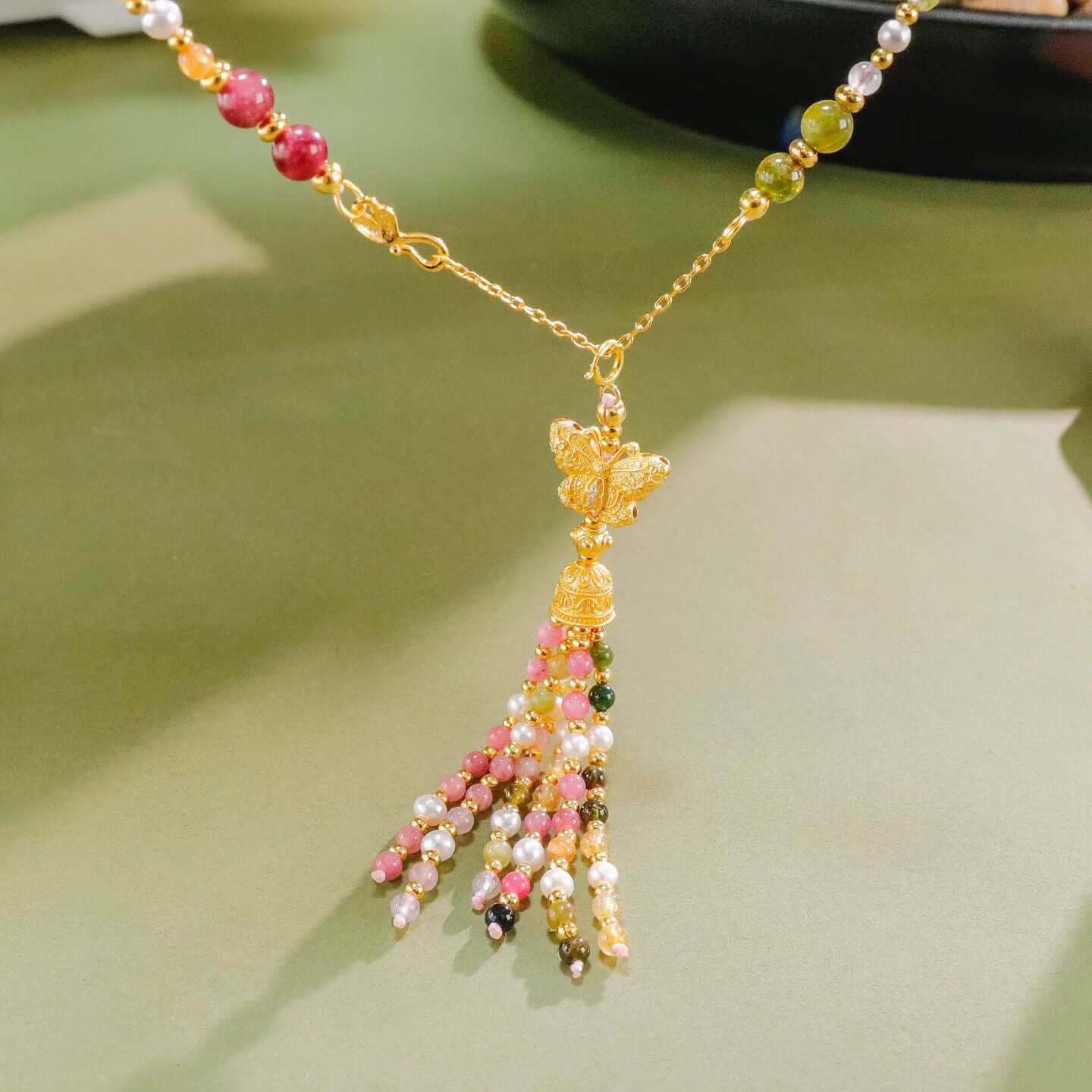 Butterfly Dancing Among Jadeite Clusters Tassel Necklace BodhiBloom