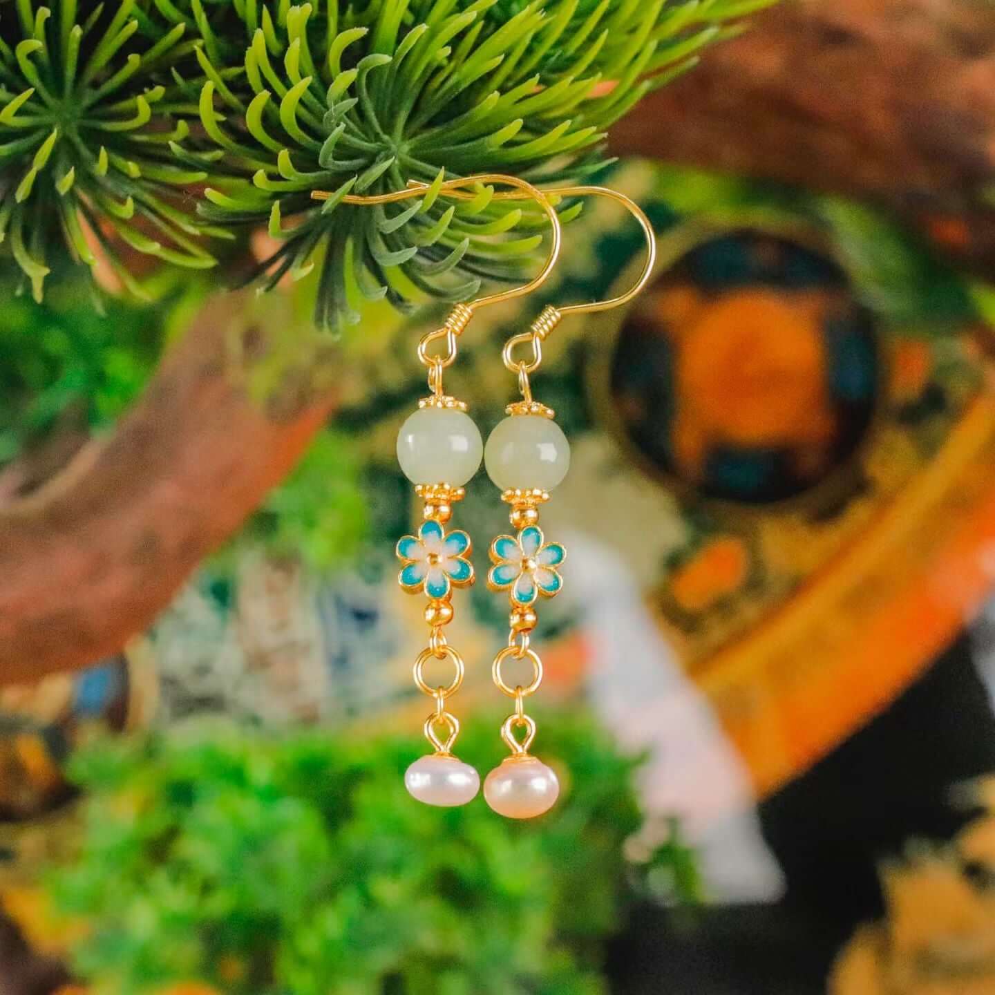 Oriental Grace Hetian Jade Cloisonné Floral Earrings – BodhiBloom 4