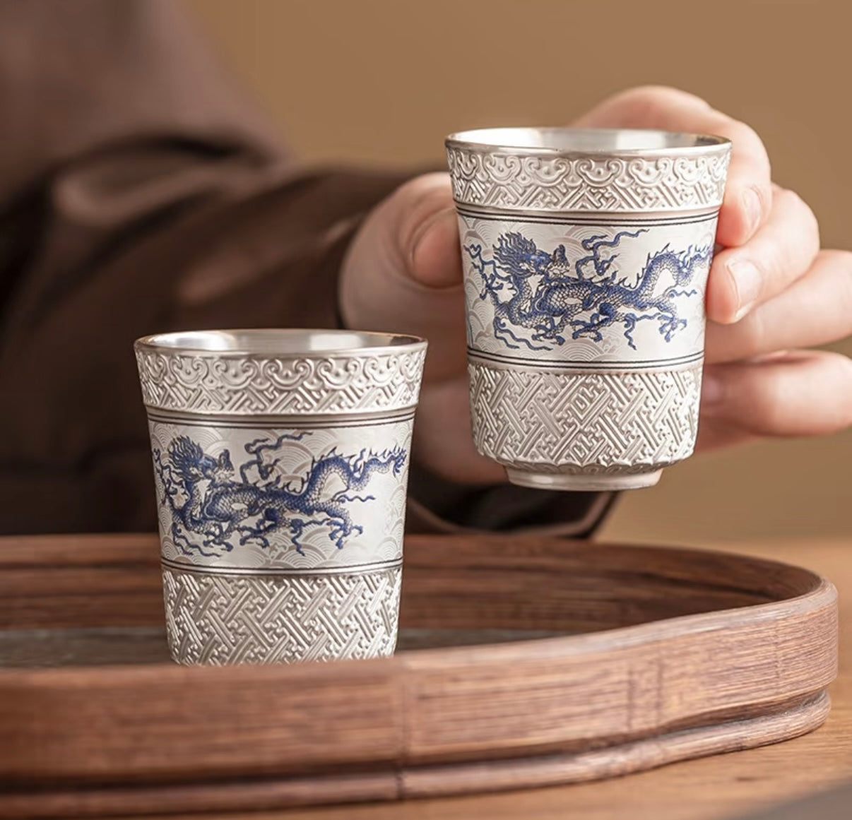 Silver Ascendant - A Gilded Celestial Tea Chalice Where Dragons Ride the Clouds BodhiBloom