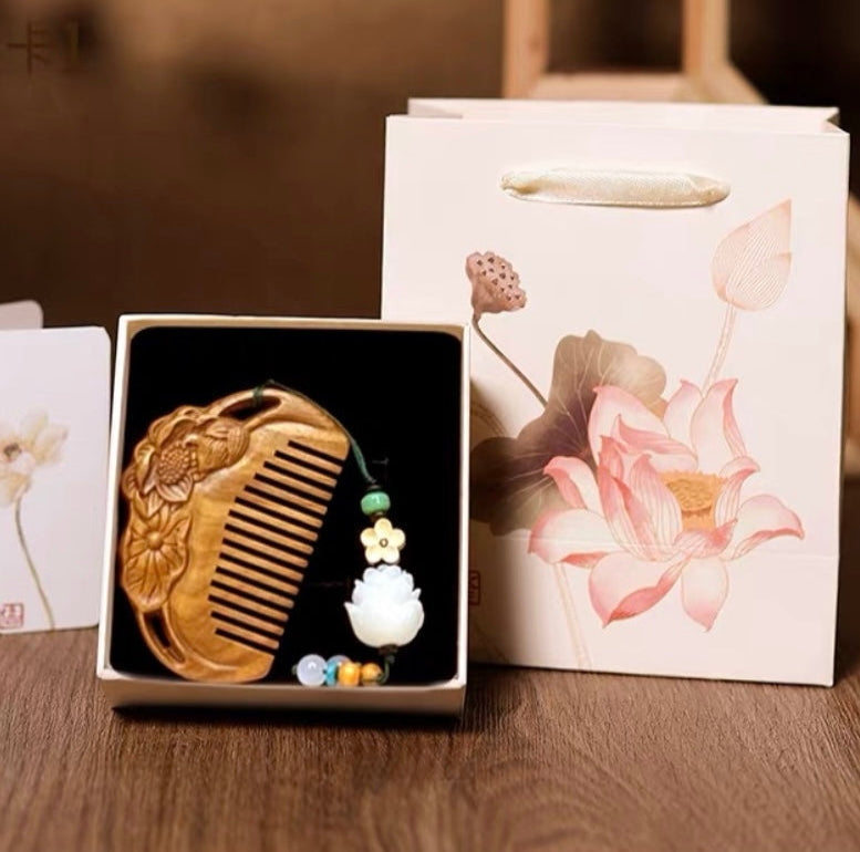 Hero Image ALT Text: Lotus Wood Bodhi Tassel Comb displayed elegantly for mindful hair care and spiritual self-care.