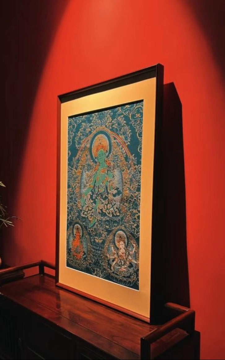 Green Tara Embroidered Thangka - Tibetan Buddhist Wall Art for Blessings & Abundance
