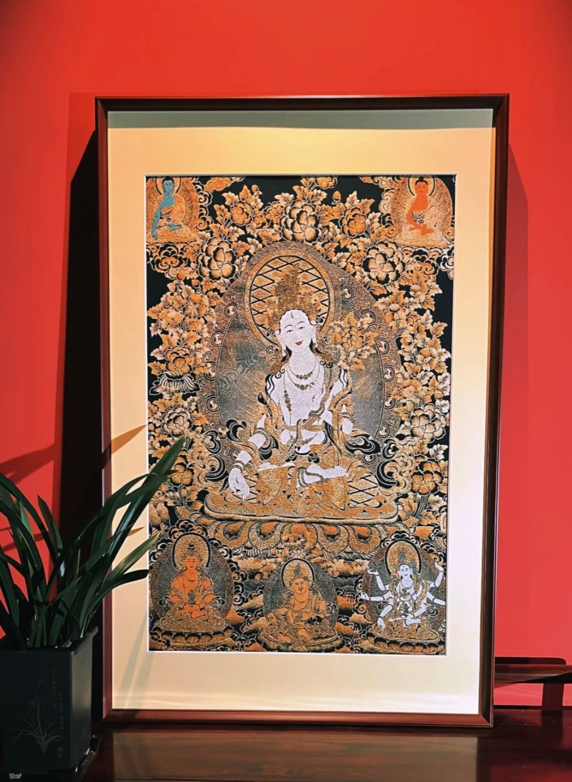 White Tara Embroidered Thangka - Sacred Tibetan Art for Longevity, Healing & Divine Blessings