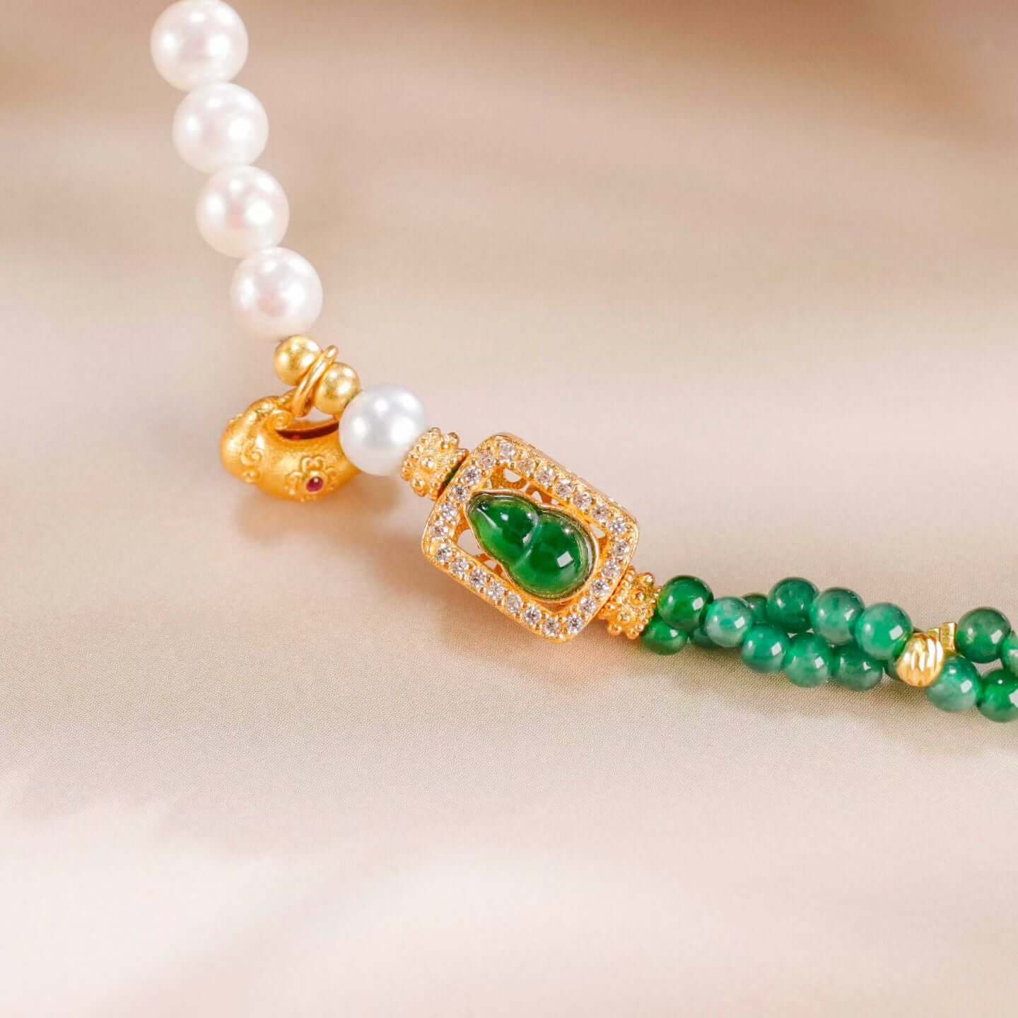 A Legacy of Serenity: Jadeite Huluxian Pendant with Pearl and Ruyi Lock bracelet BodhiBloom