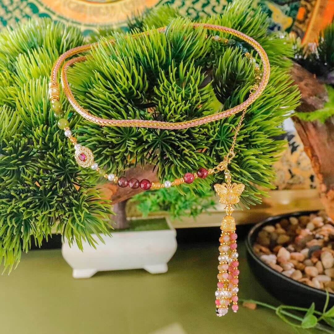 Butterfly Dancing Among Jadeite Clusters Tassel Necklace BodhiBloom