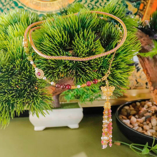 Butterfly Dancing Among Jadeite Clusters Tassel Necklace BodhiBloom