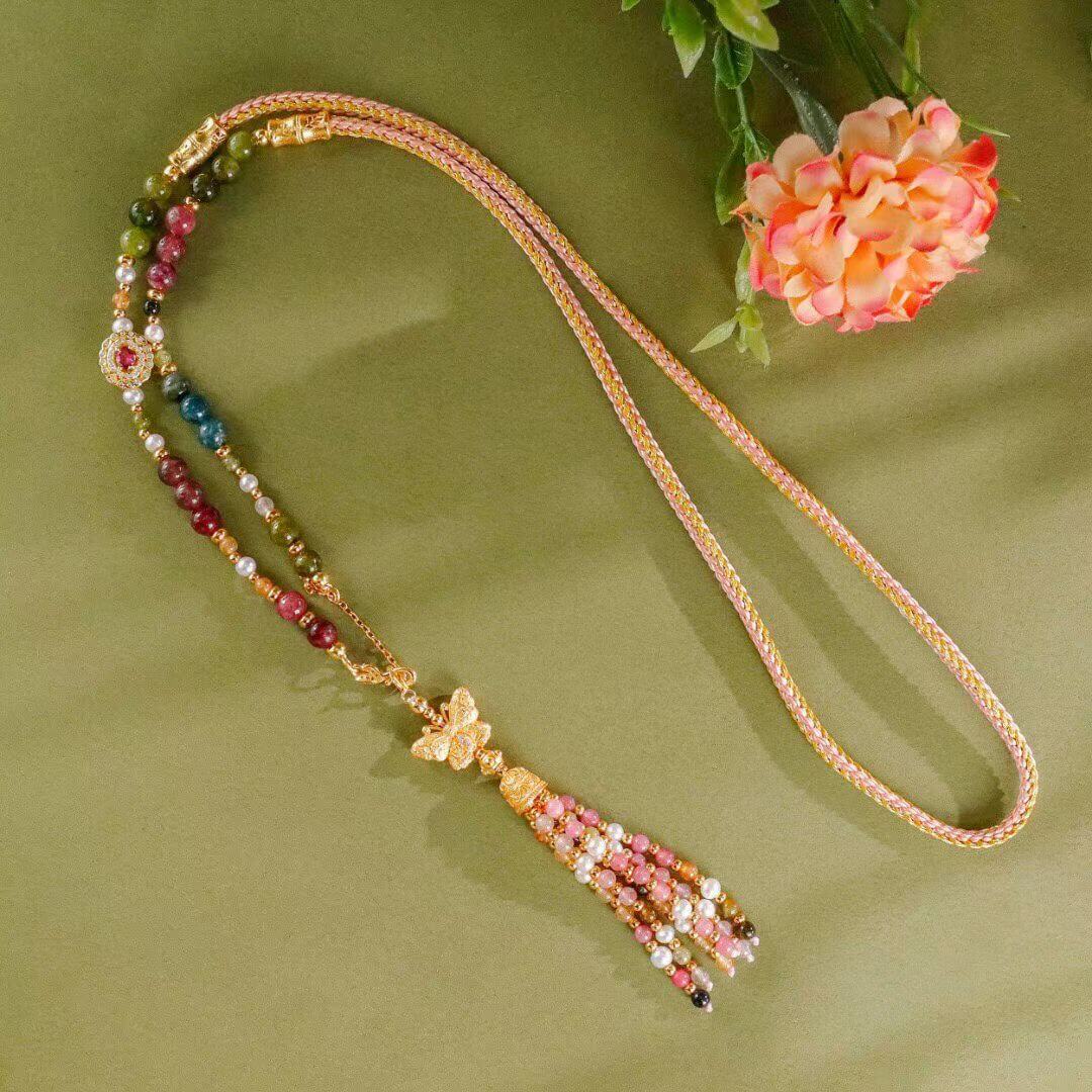Butterfly Dancing Among Jadeite Clusters Tassel Necklace BodhiBloom