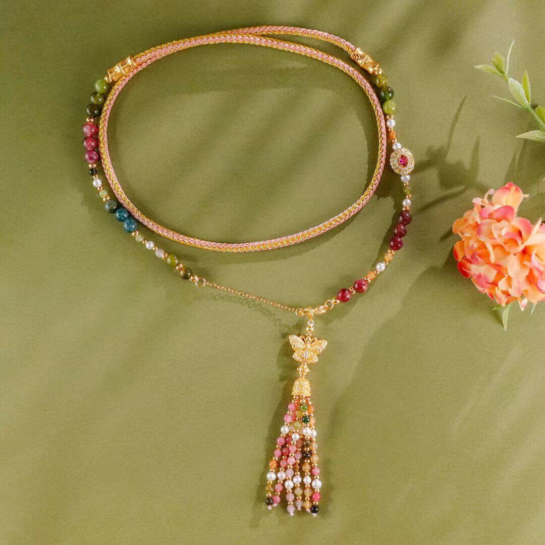 Butterfly Dancing Among Jadeite Clusters Tassel Necklace BodhiBloom