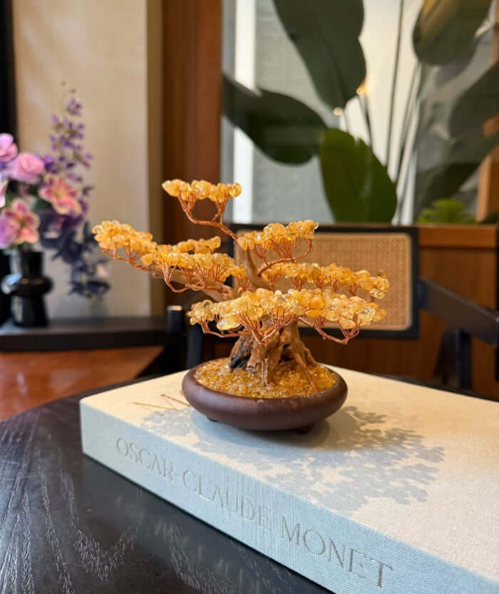 Citrine Abundance Tree with Raw Wooden Base - Earth's Golden Blessing, Rooted in Wood Nature BodhiBloom