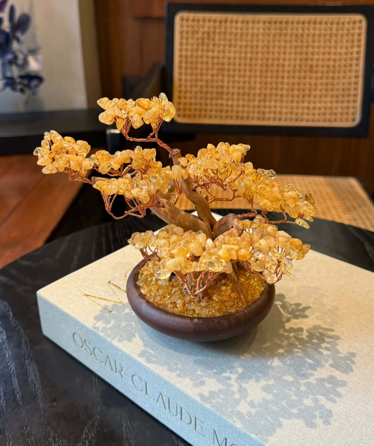 Citrine Abundance Tree with Raw Wooden Base - Earth's Golden Blessing, Rooted in Wood Nature BodhiBloom