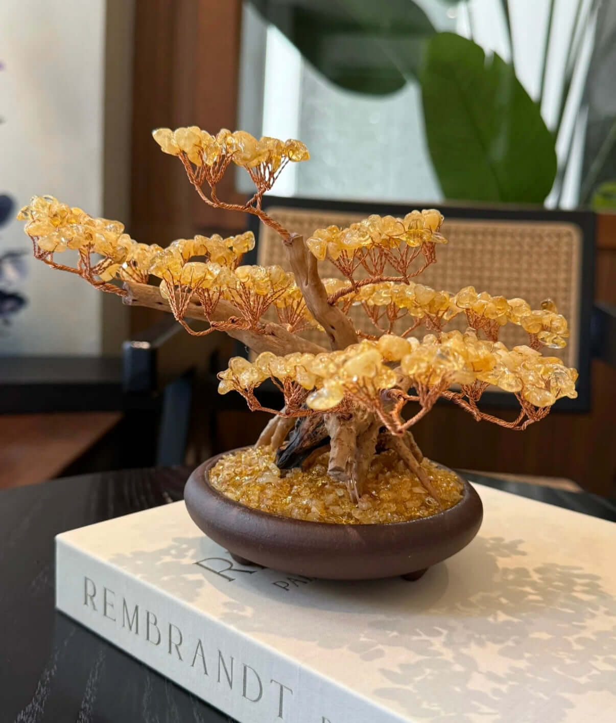 Citrine Abundance Tree with Raw Wooden Base - Earth's Golden Blessing, Rooted in Wood Nature BodhiBloom