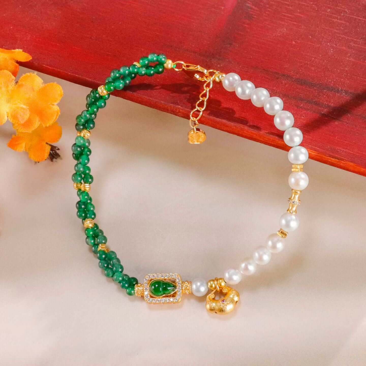 A Legacy of Serenity: Jadeite Huluxian Pendant with Pearl and Ruyi Lock bracelet BodhiBloom
