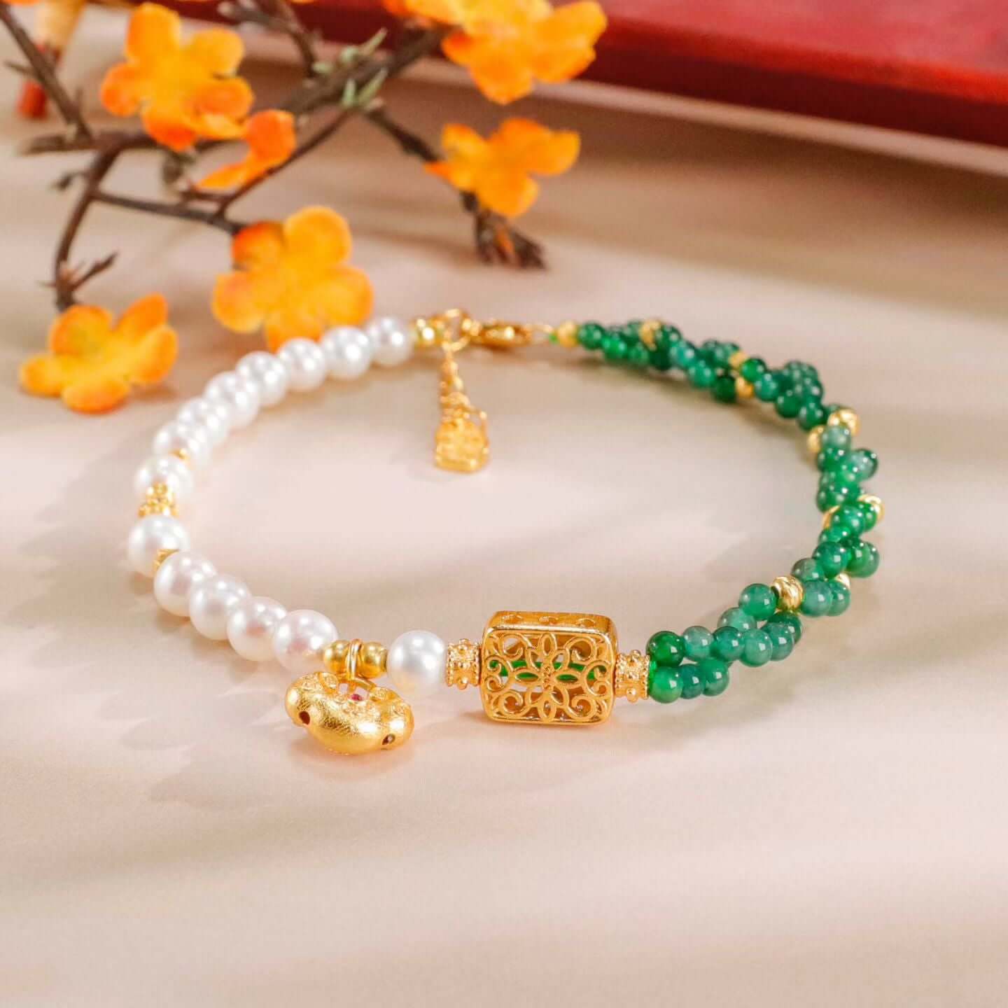 A Legacy of Serenity: Jadeite Huluxian Pendant with Pearl and Ruyi Lock bracelet BodhiBloom