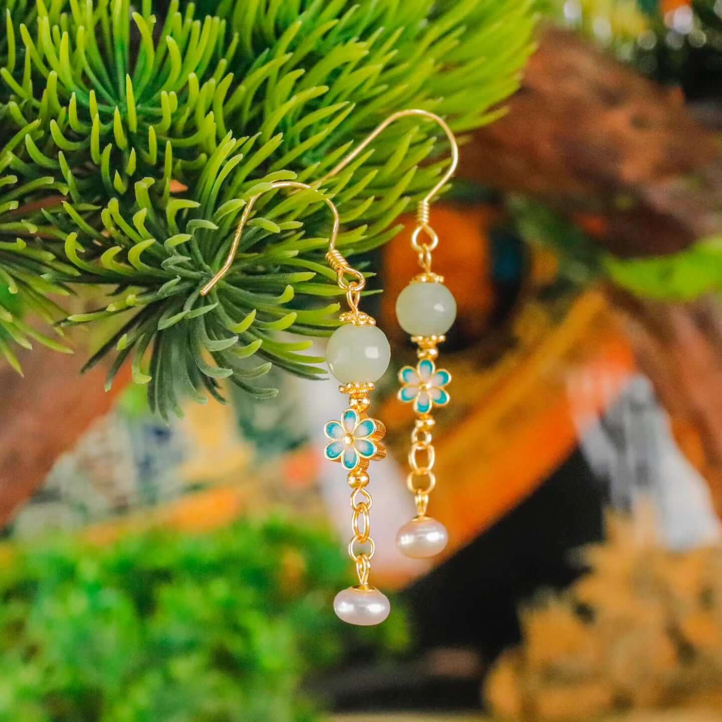 Oriental Grace Hetian Jade Cloisonné Floral Earrings – BodhiBloom