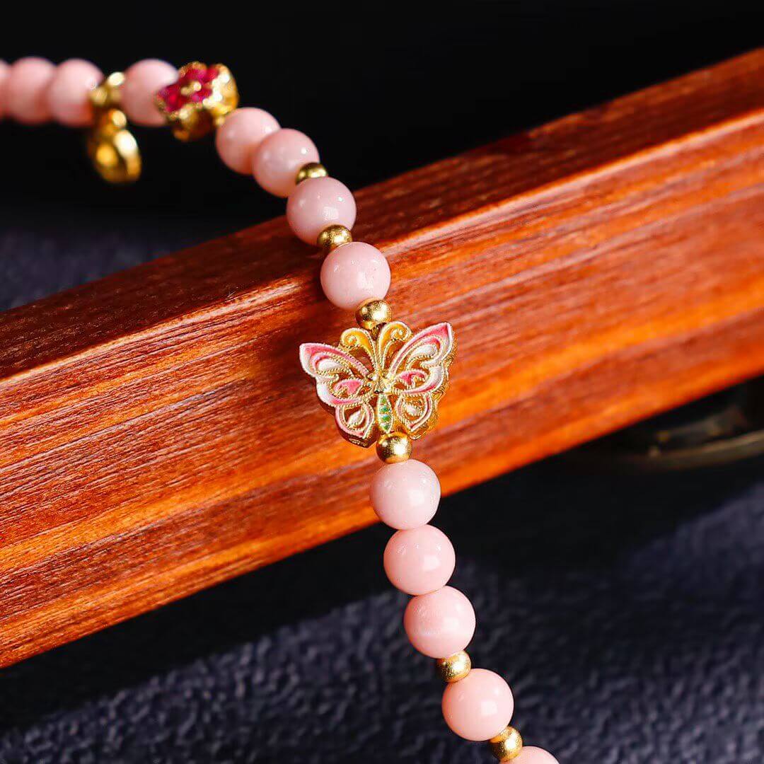 Pink Opal and Enamel Butterfly Charm Bracelet - Closeup of Stones 5