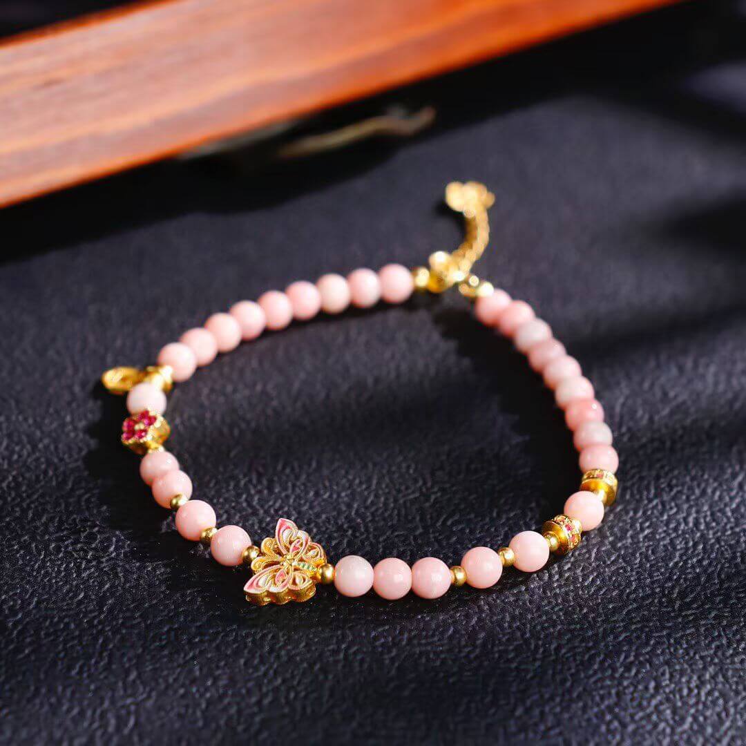 Pink Opal and Enamel Butterfly Charm Bracelet - Closeup of Stones 1