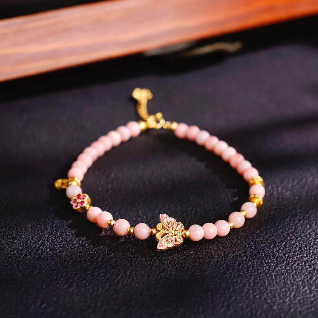 Pink Opal and Enamel Butterfly Charm Bracelet - Closeup of Stones 2