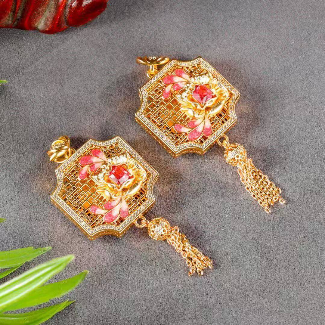 lotus bloom enamel cloisonné pendant worn 2