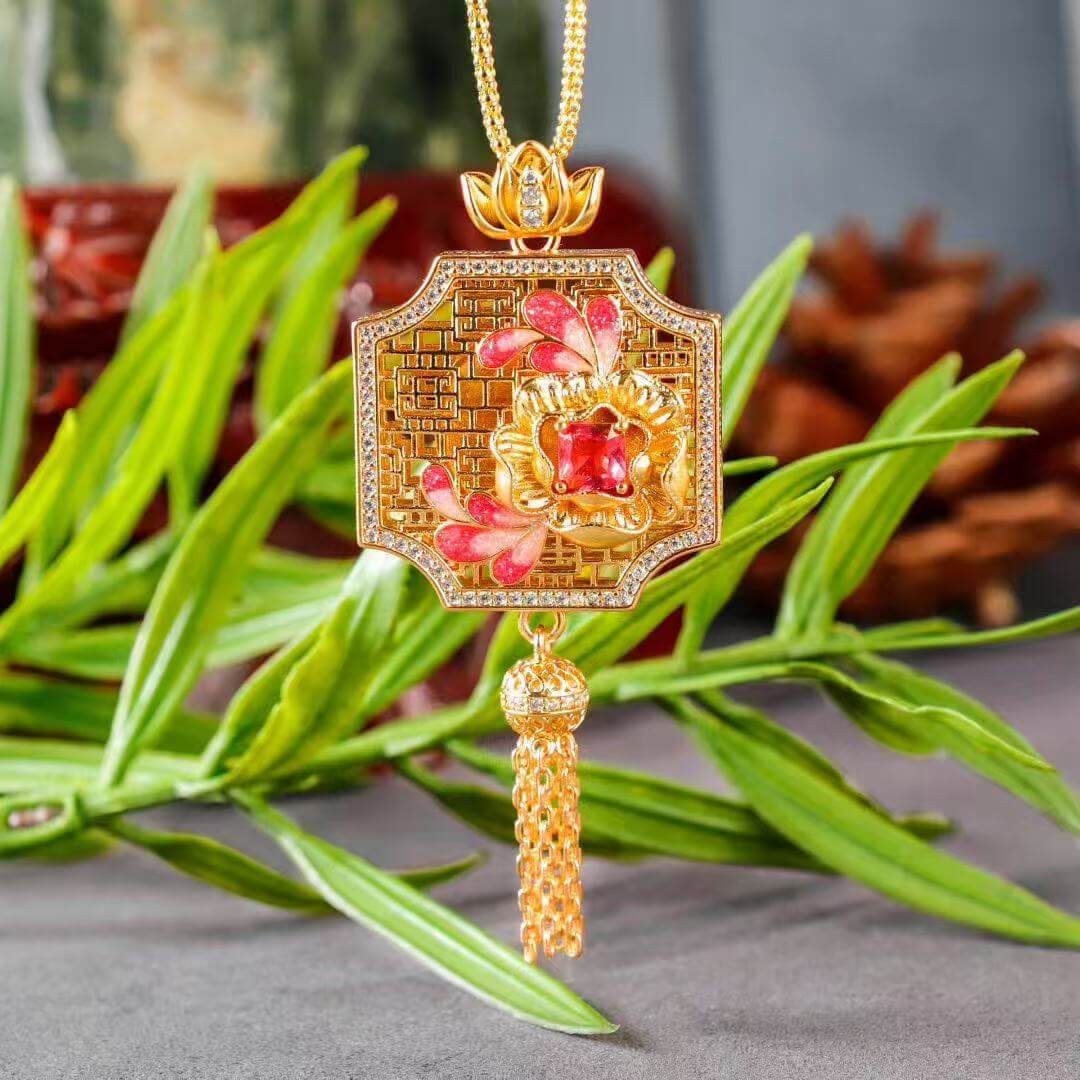 lotus bloom enamel cloisonné pendant detail