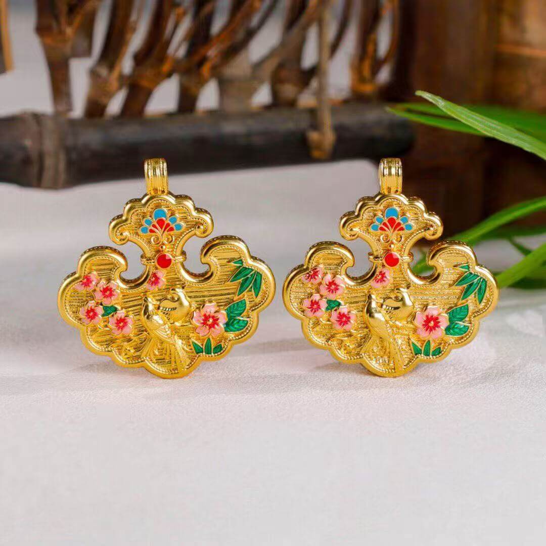 joyful magpie green leaf flower enamel cloisonné pendant