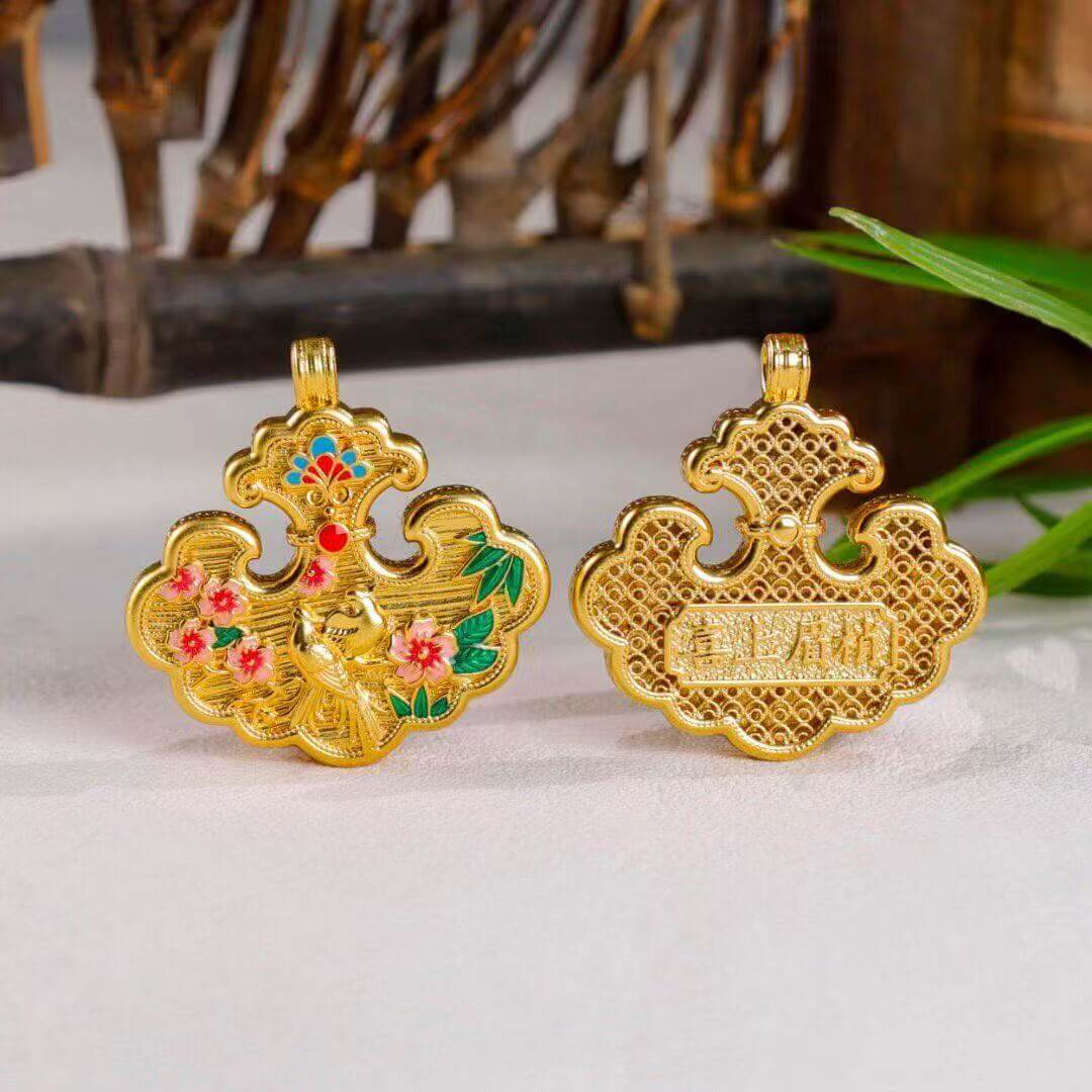 joyful magpie green leaf flower enamel cloisonné pendant worn