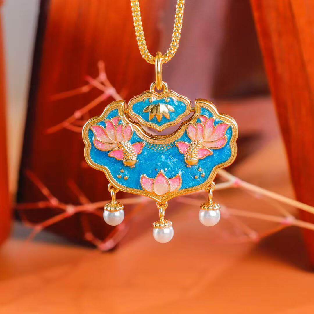 butterfly among lotus autumn lock cloisonné pendant worn