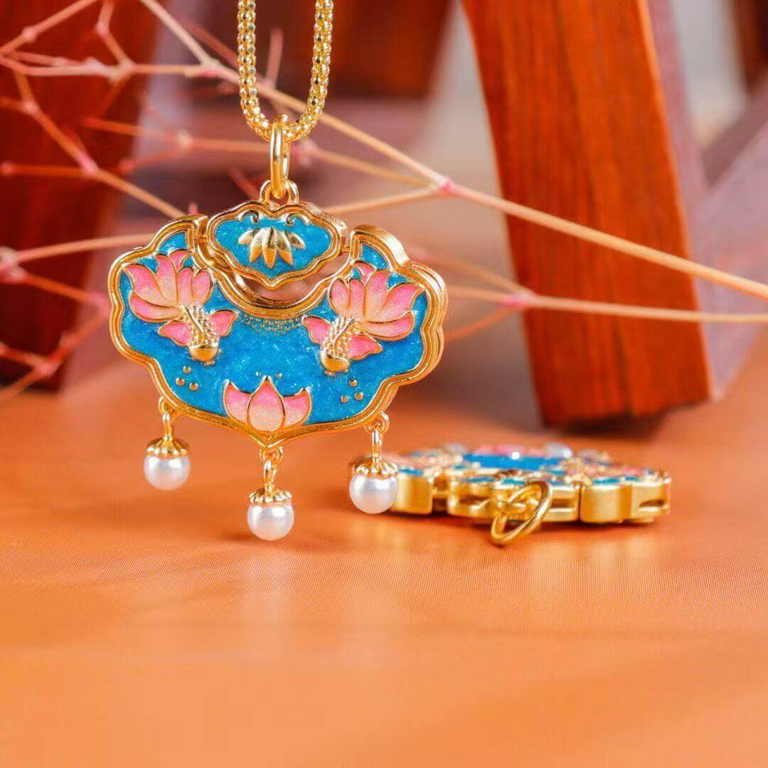 butterfly among lotus autumn lock cloisonné pendant worn 2