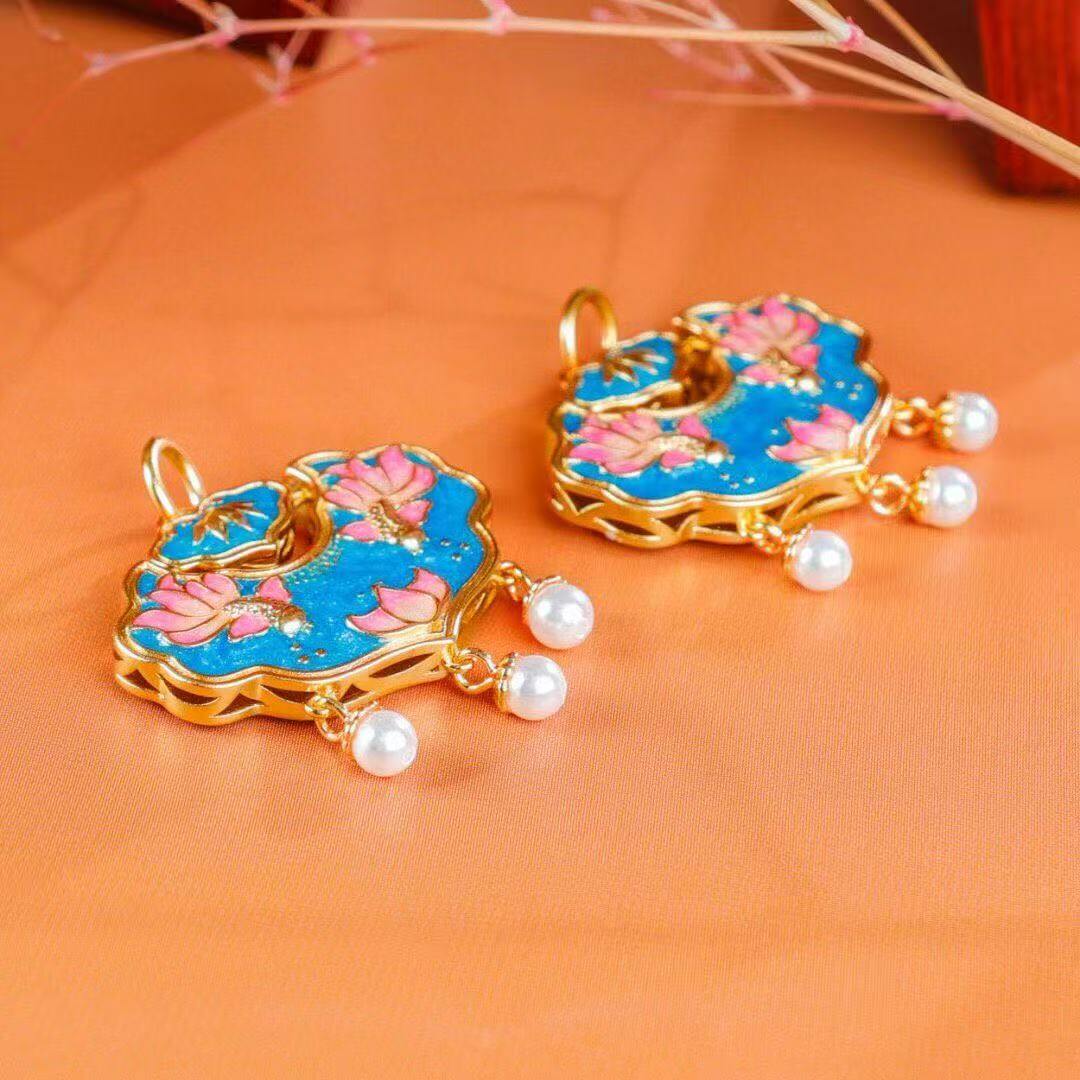 butterfly among lotus autumn lock cloisonné pendant detail