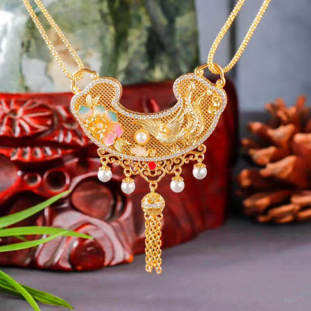 phoenix peony ruyi lock pendant front view