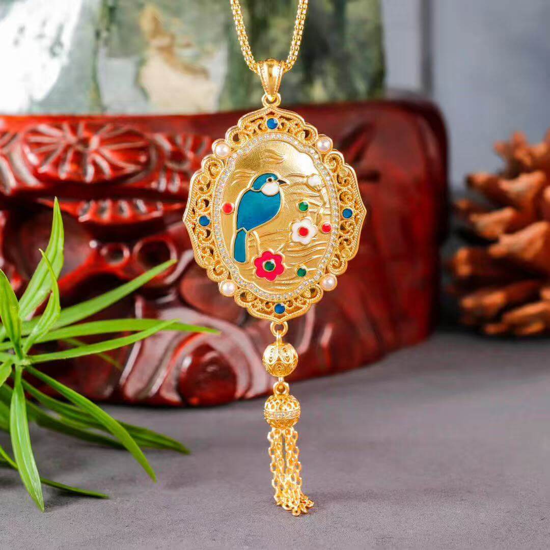 magpie on plum blossom fan pendant worn