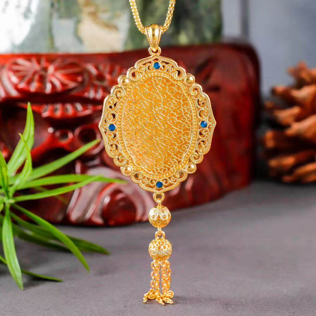 magpie on plum blossom fan pendant worn 2