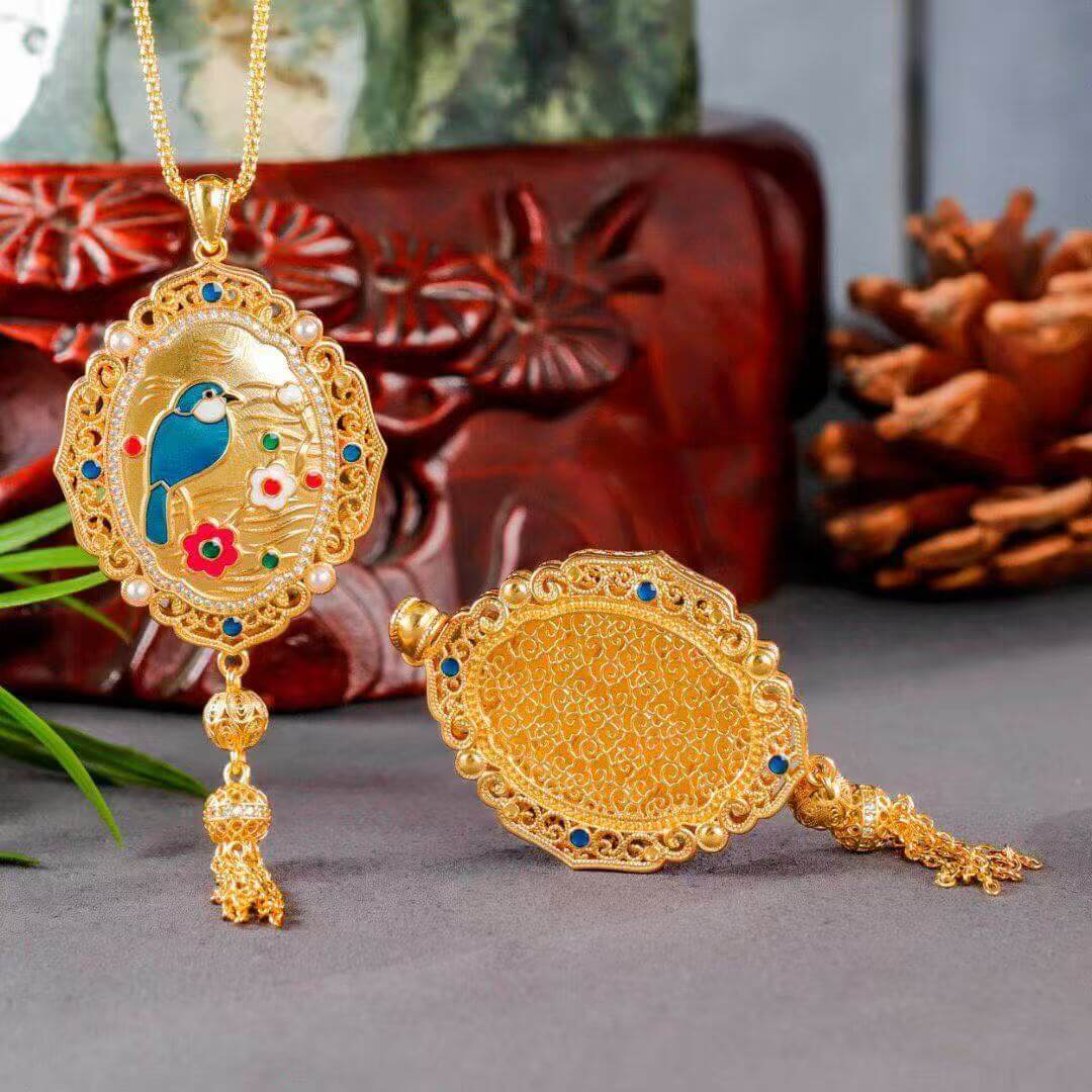 magpie on plum blossom fan pendant front view