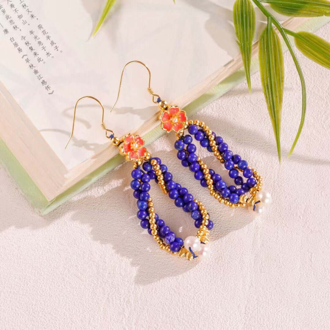 regal lapis pearl drop enamel cloisonne earrings close up