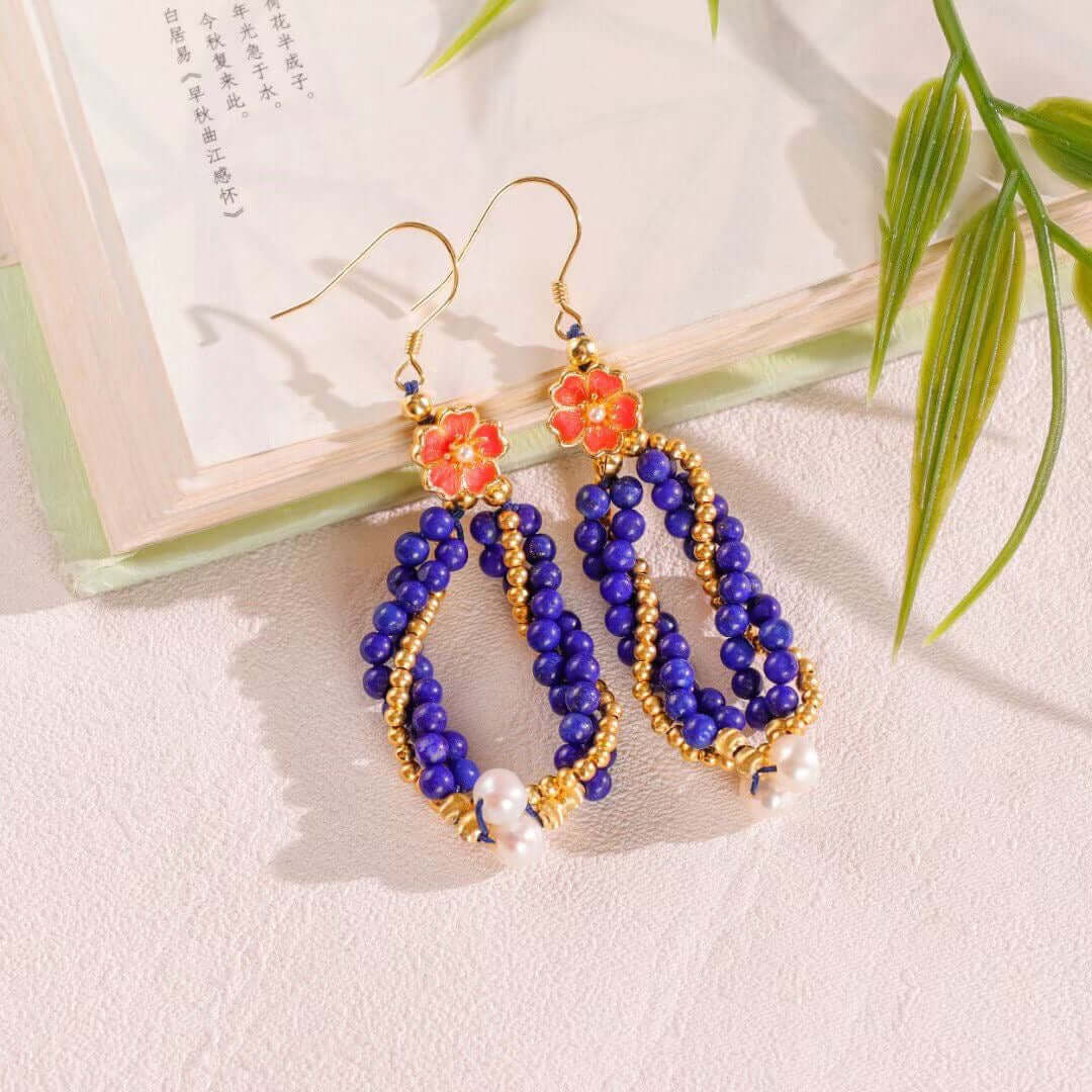 regal lapis pearl drop enamel cloisonne earrings front view