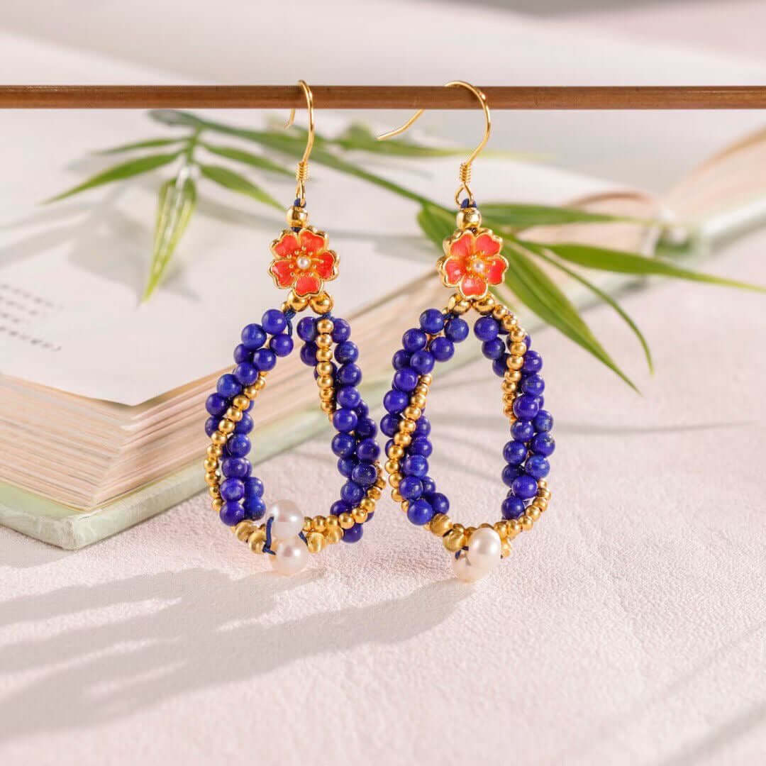 regal lapis pearl drop enamel cloisonne earrings worn