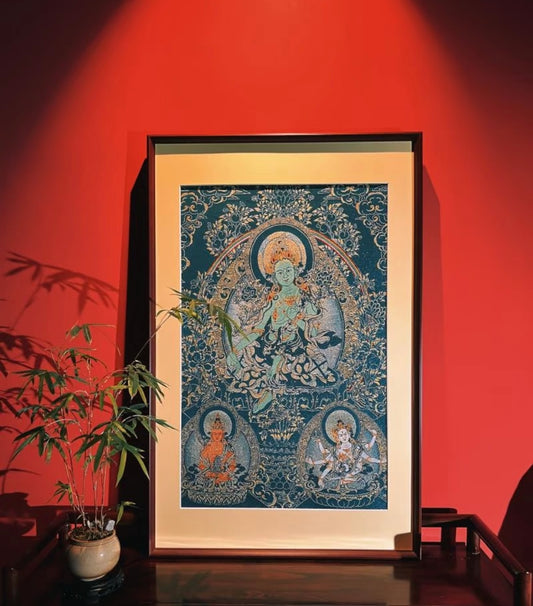 Green Tara Embroidered Thangka - Tibetan Buddhist Wall Art for Blessings & Abundance