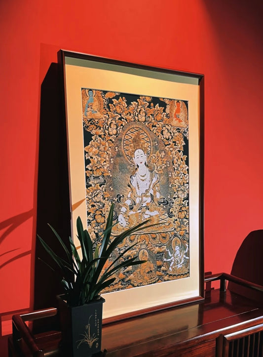 White Tara Embroidered Thangka - Sacred Tibetan Art for Longevity, Healing & Divine Blessings