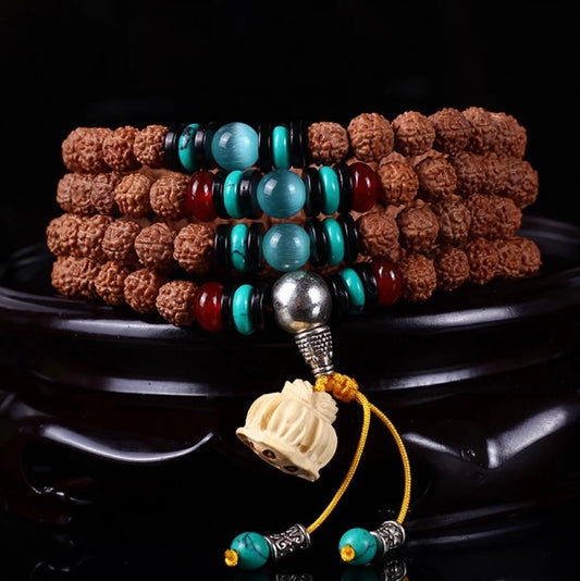 Lotus Blessing Mala: Boxwood Prayer Beads for Sacred Fortune