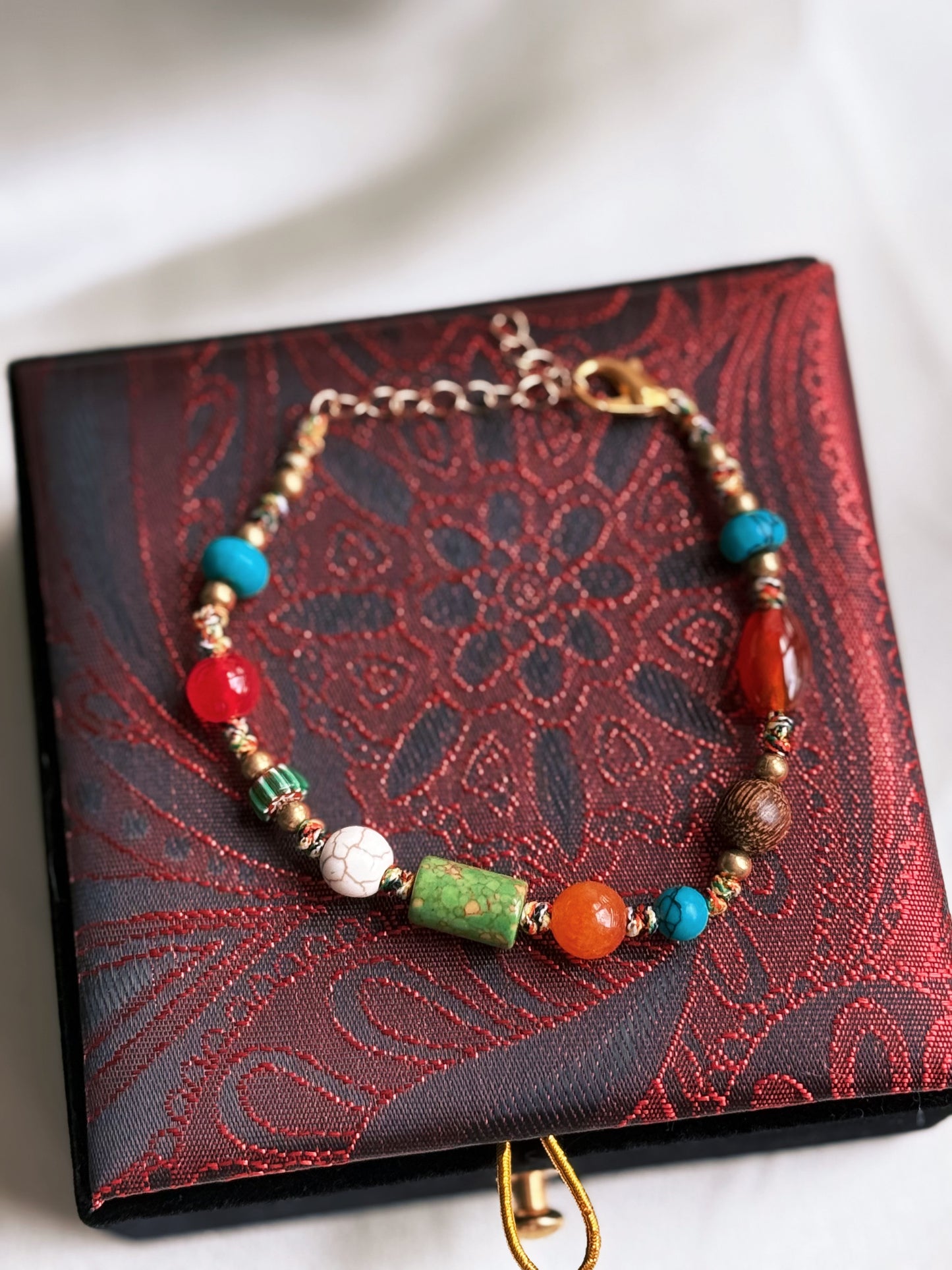 Tibetan Fiery Red, Sunset Orange & Jade Green Stone Beads