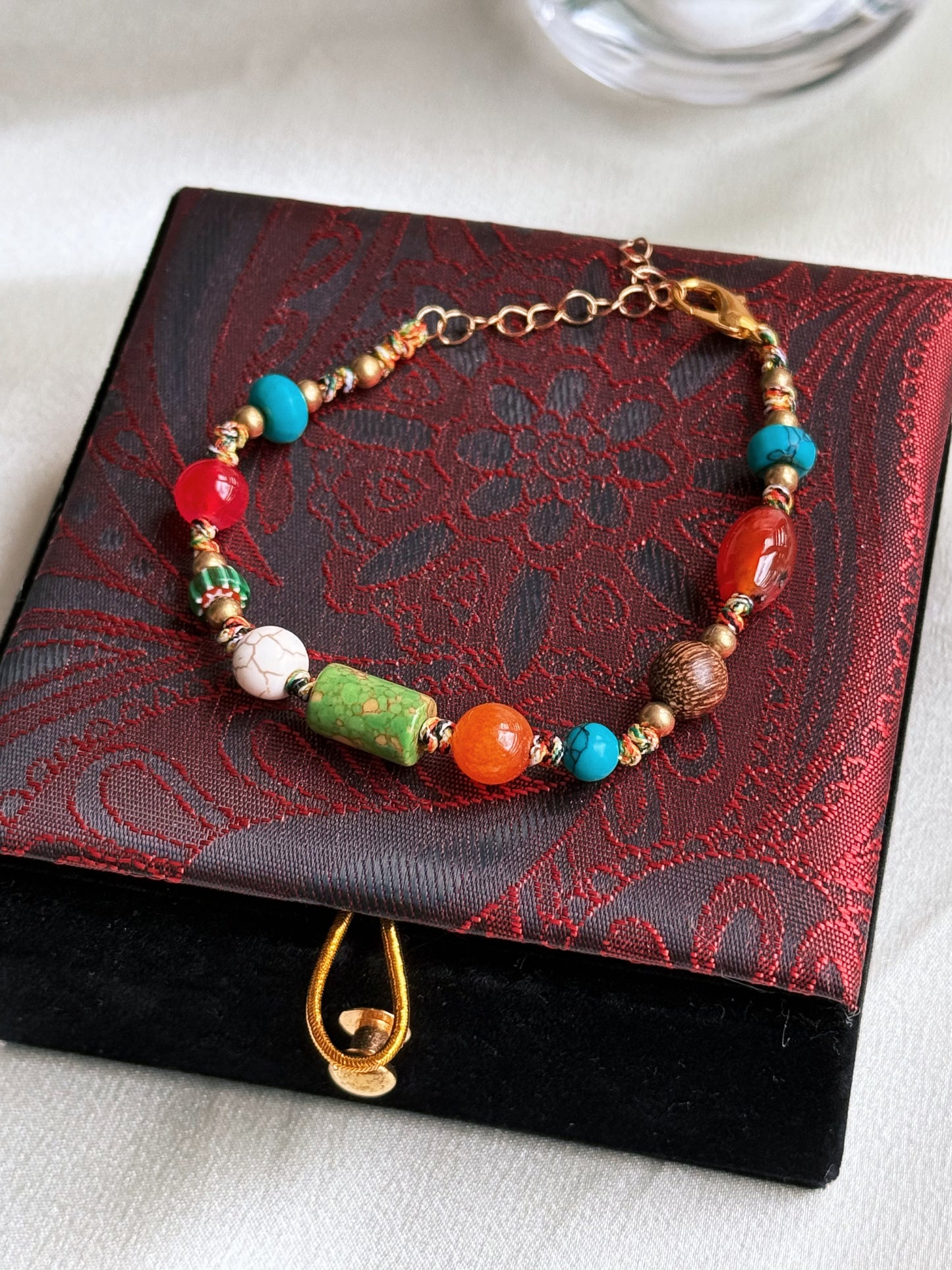 Tibetan Fiery Red, Sunset Orange & Jade Green Stone Beads