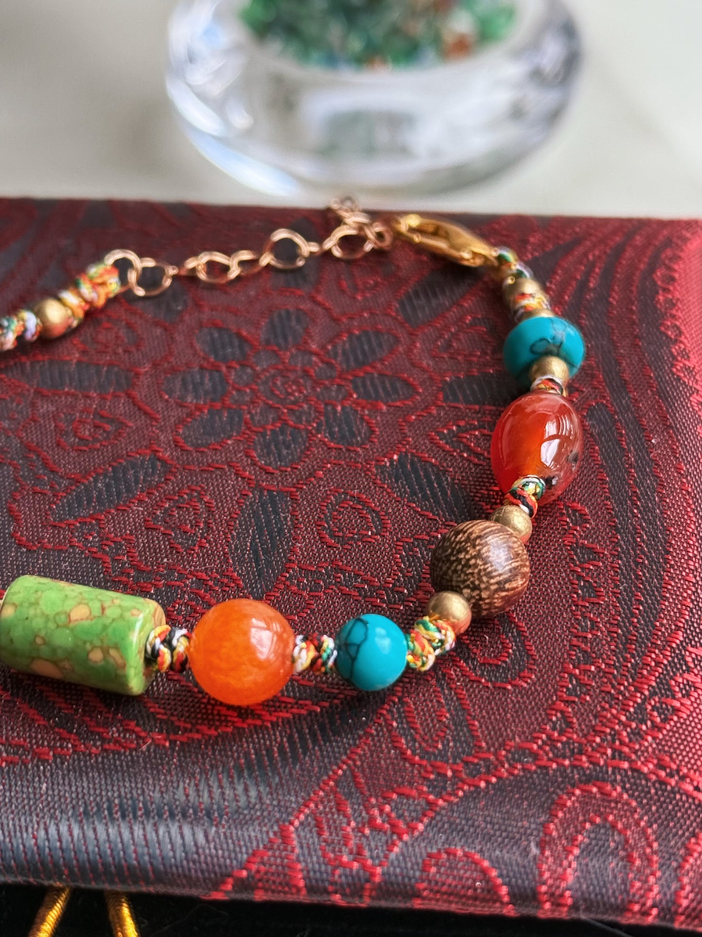 Tibetan Fiery Red, Sunset Orange & Jade Green Stone Beads
