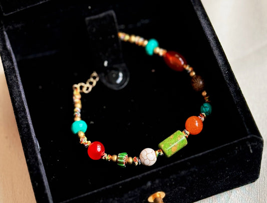 Tibetan Fiery Red, Sunset Orange & Jade Green Stone Beads