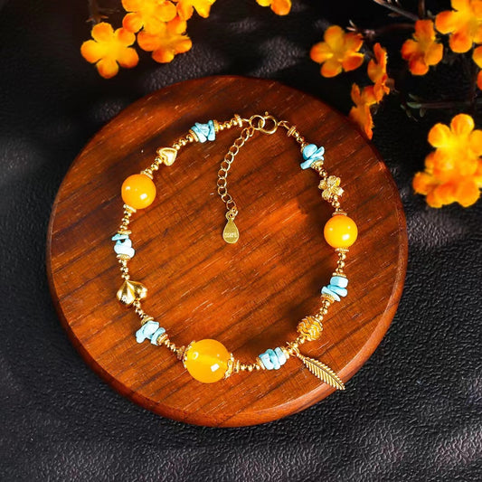 Amber and Turquoise Feather &amp; Heart Bracelet