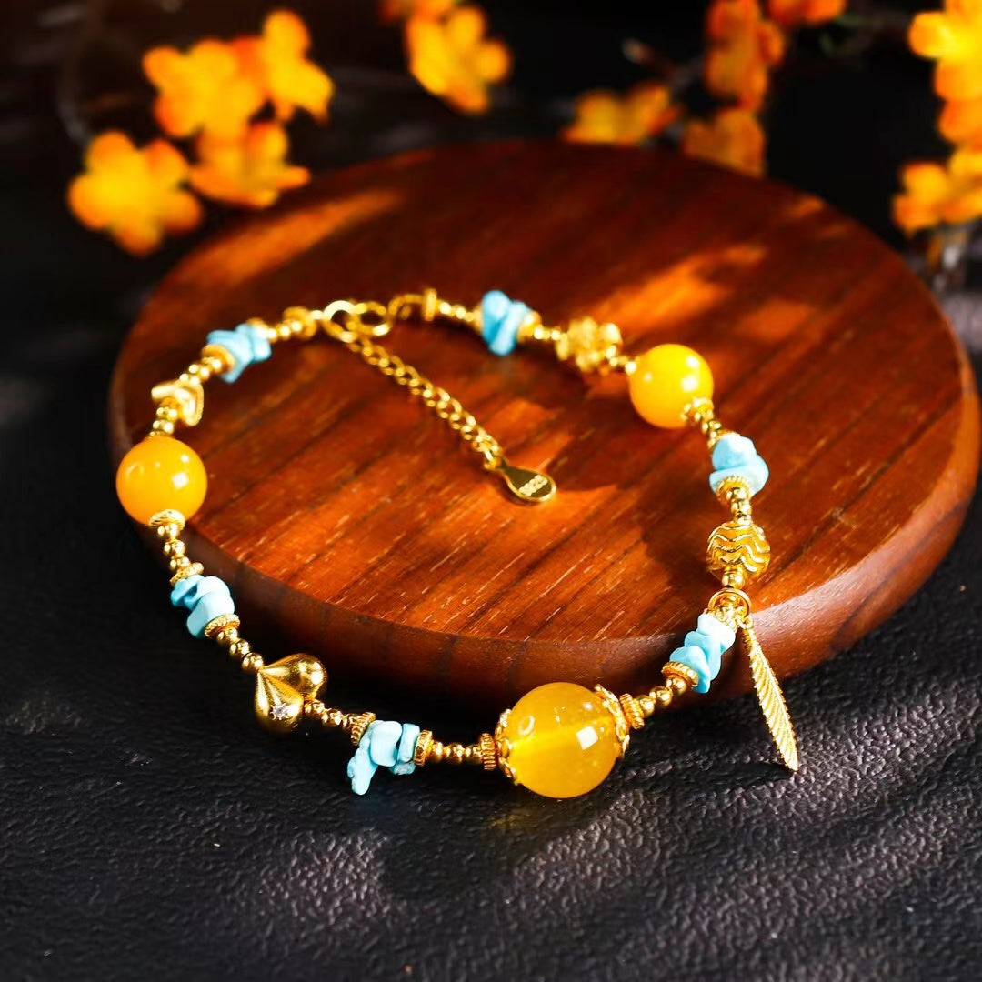 Amber and Turquoise Feather &amp; Heart Bracelet