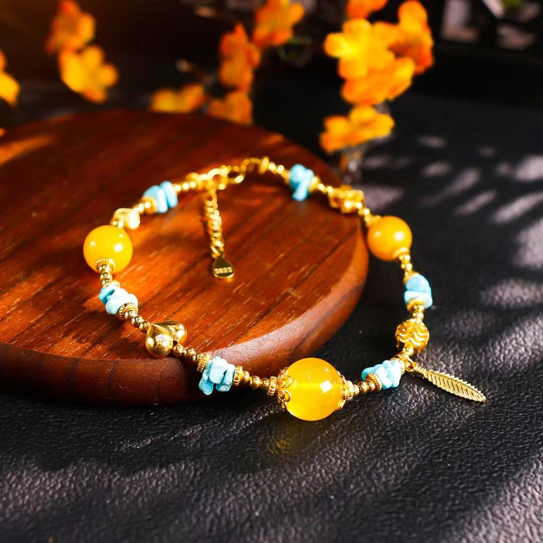 Amber and Turquoise Feather &amp; Heart Bracelet