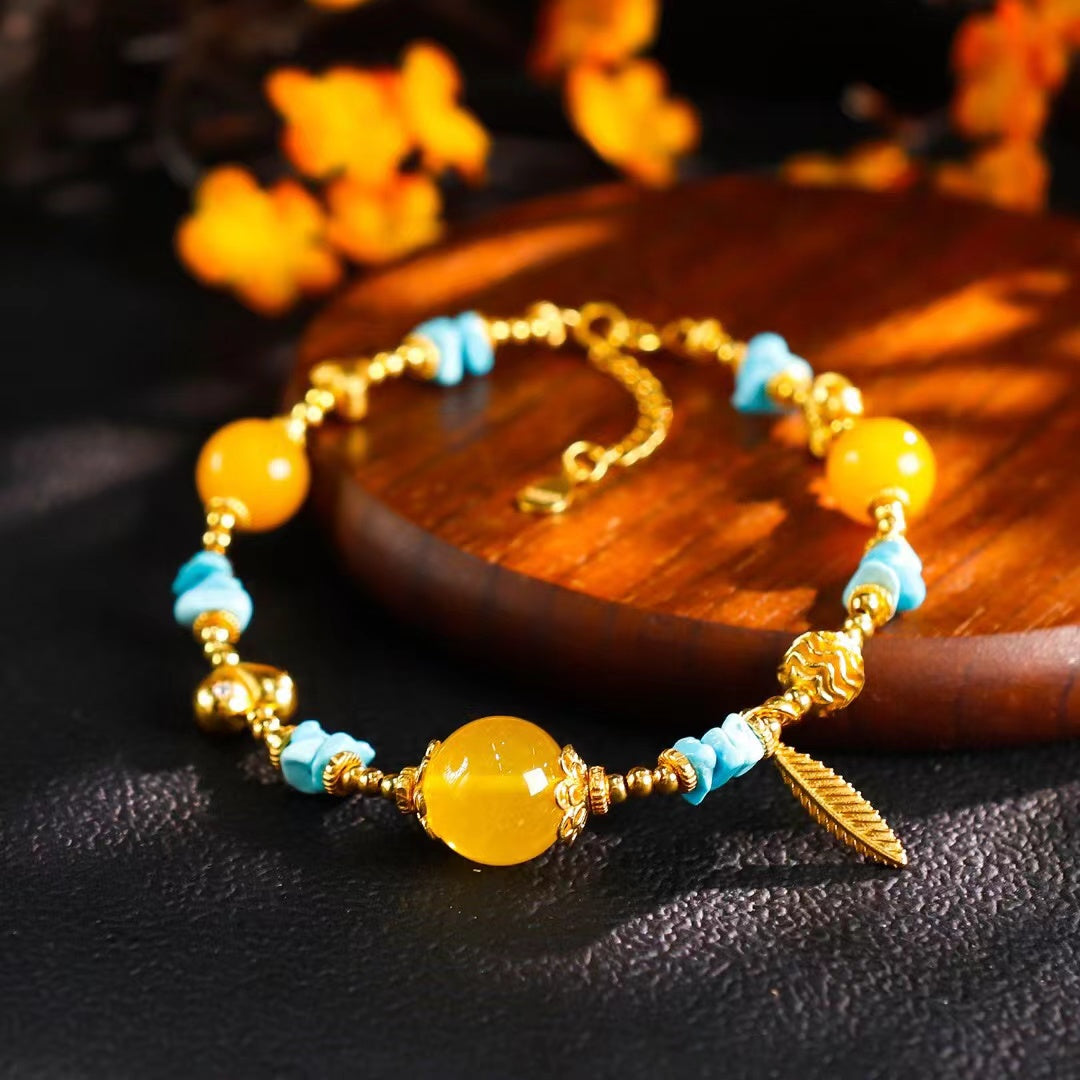 Amber and Turquoise Feather &amp; Heart Bracelet