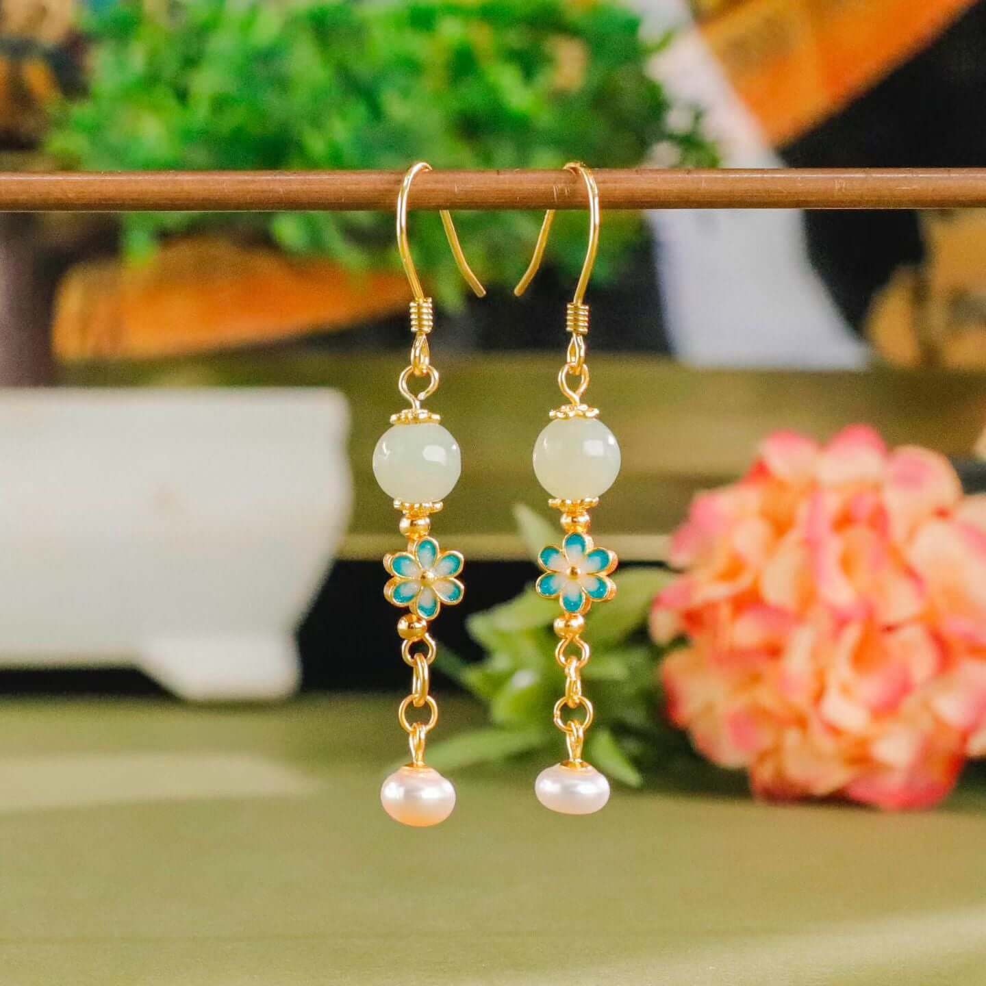 Oriental Grace Hetian Jade Cloisonné Floral Earrings – BodhiBloom 2
