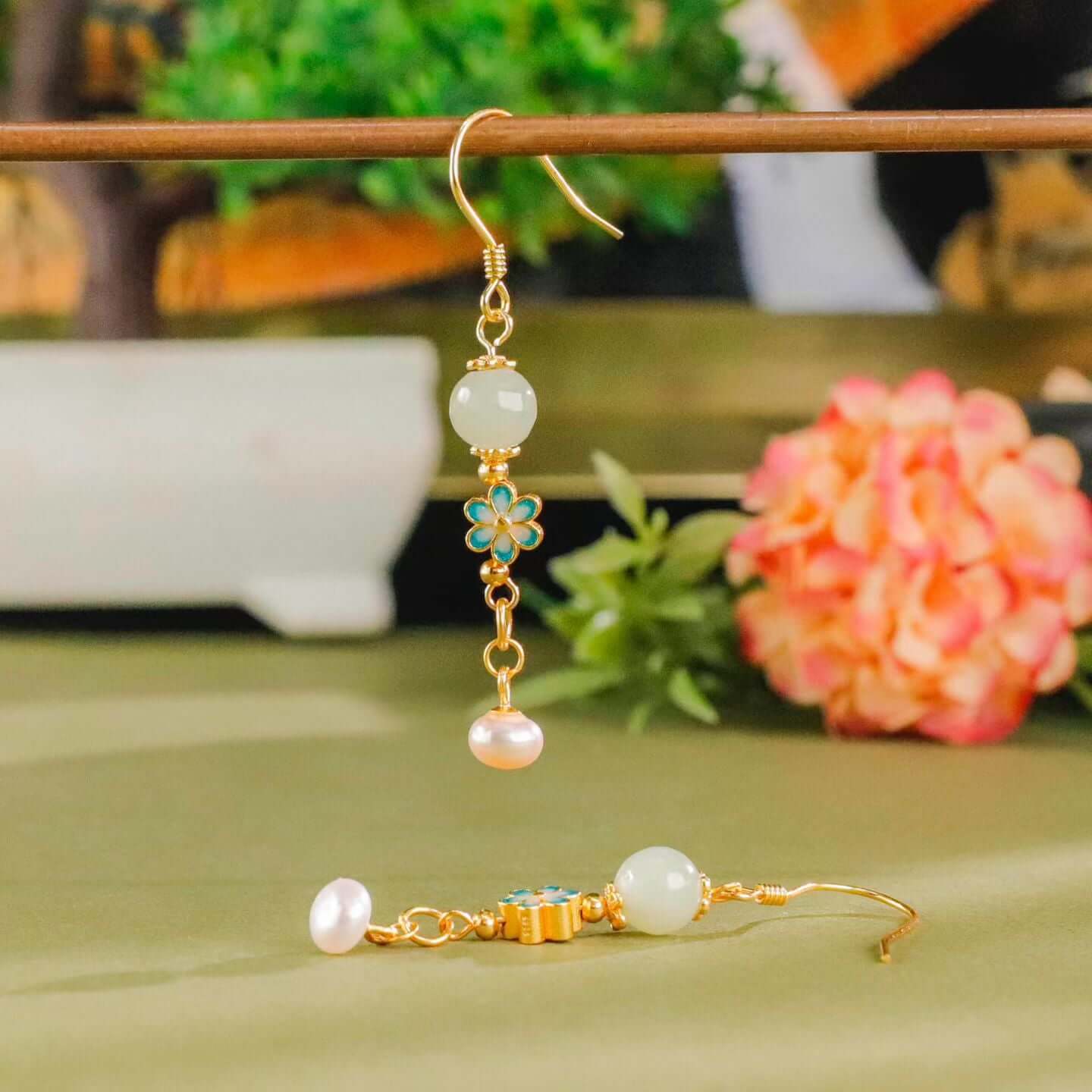 Oriental Grace Hetian Jade Cloisonné Floral Earrings – BodhiBloom 3
