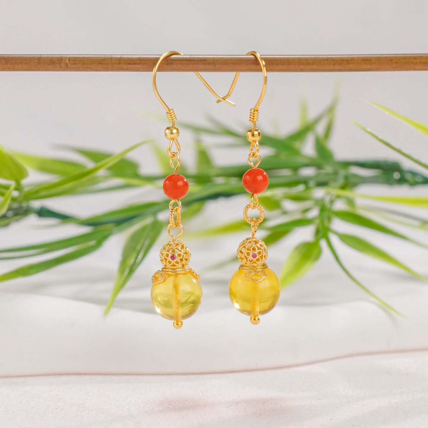Amber and South Red Agate Gourd Drop Earrings – BodhiBloom 1