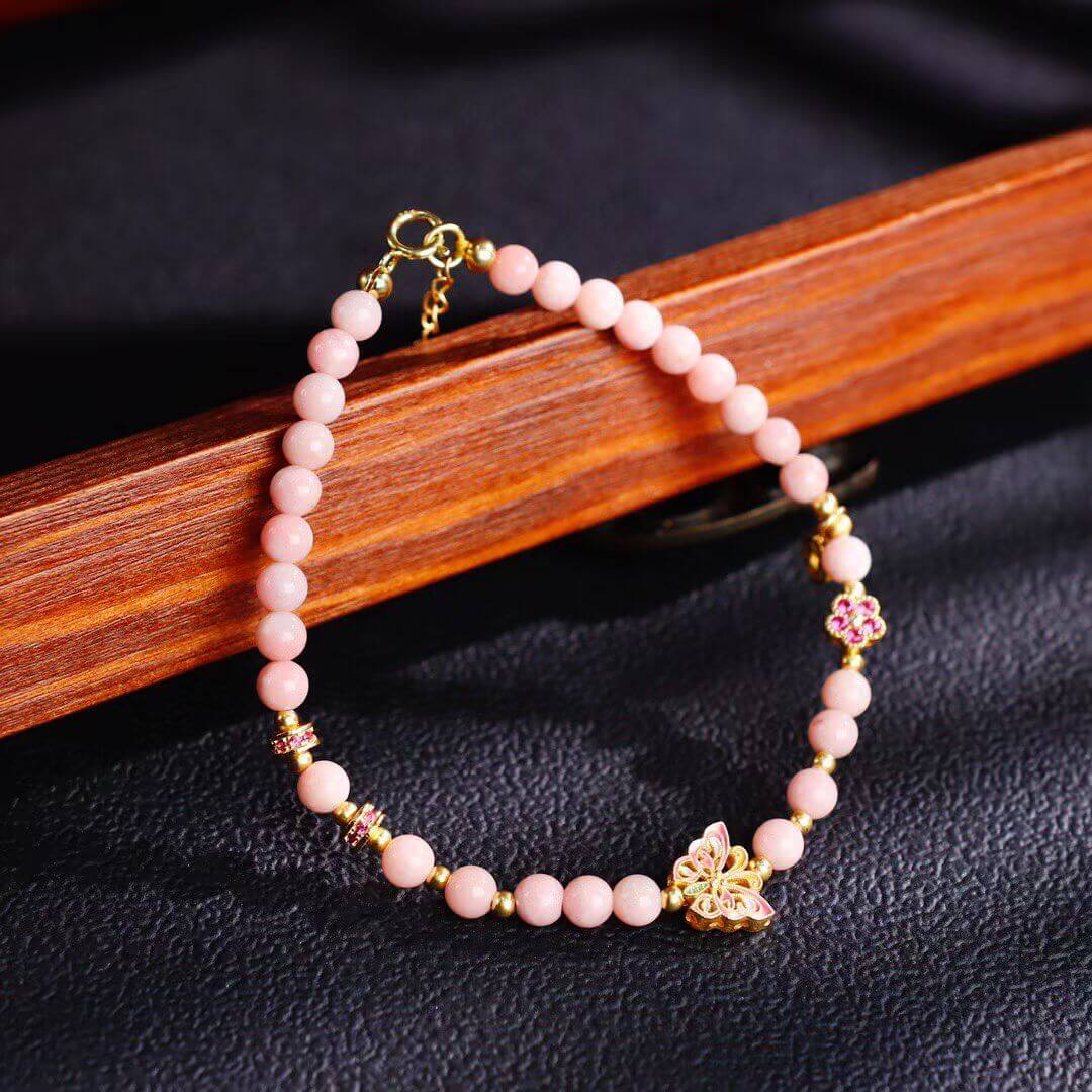 Pink Opal and Enamel Butterfly Charm Bracelet - Closeup of Stones 3